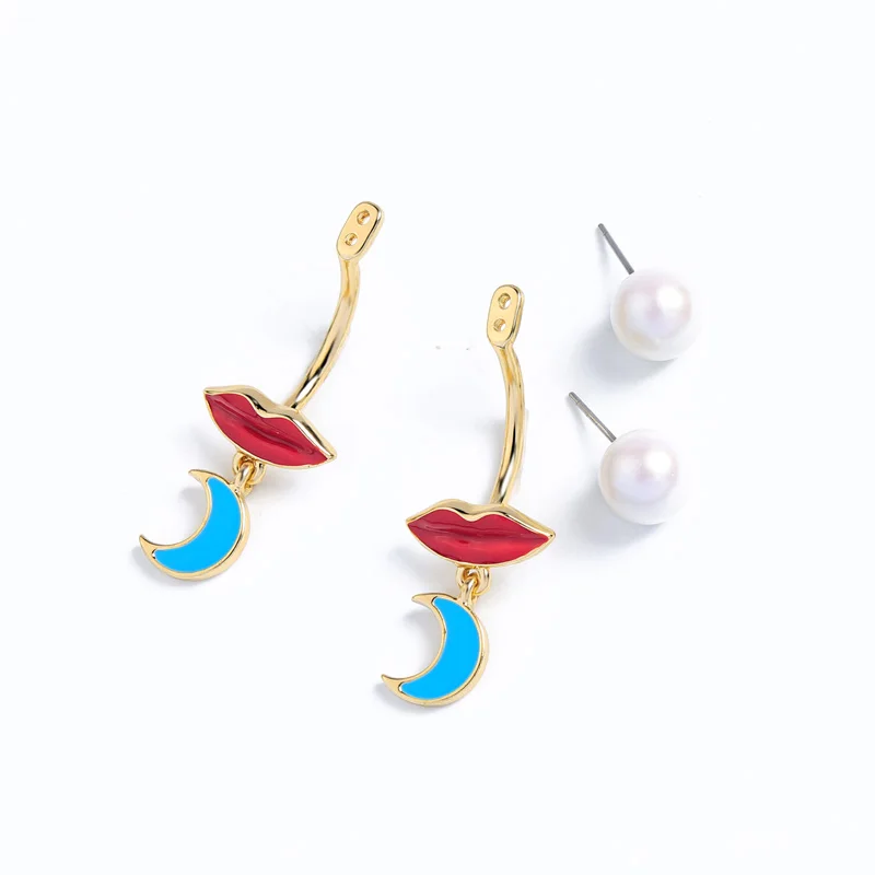 Banny Pink Cute Red Lip Blue Crescent Moon Pendant Earrings For Women Chunky Statement Dangle Free Wear Drop | Украшения и