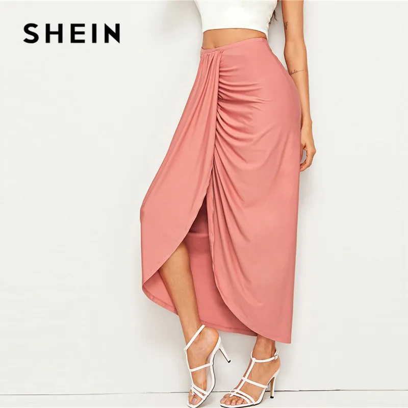 SHEIN женская розовая драпированная юбка с высокой талией, однотонная Асимметричная обертка, летняя юбка, Женская длинная юбка для отдыха в Корейском стиле