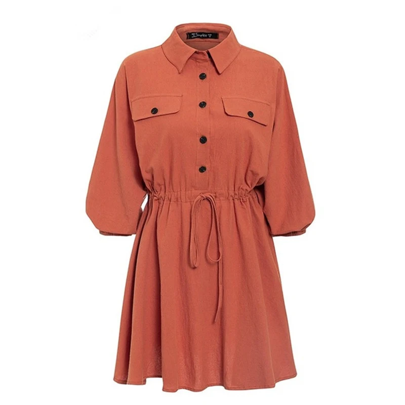 Женское льняное короткое платье рубашка винтажное повседневное Хлопковое с