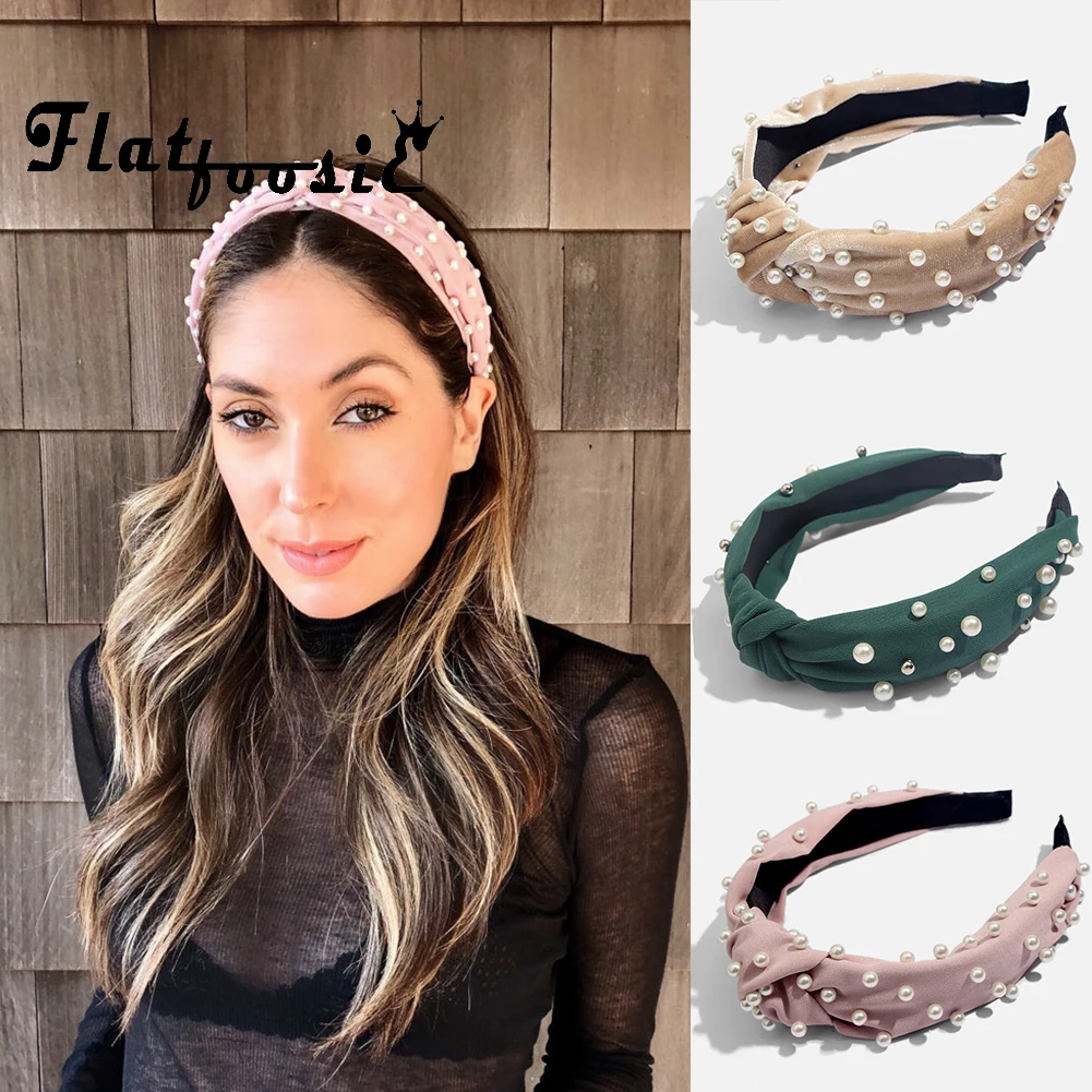 

Flatfoosie Bohemian Solid Color Soft Velvet Center Knot Wide Hairband with Pearl Knotted Hairband Party Wedding Hair Accessories