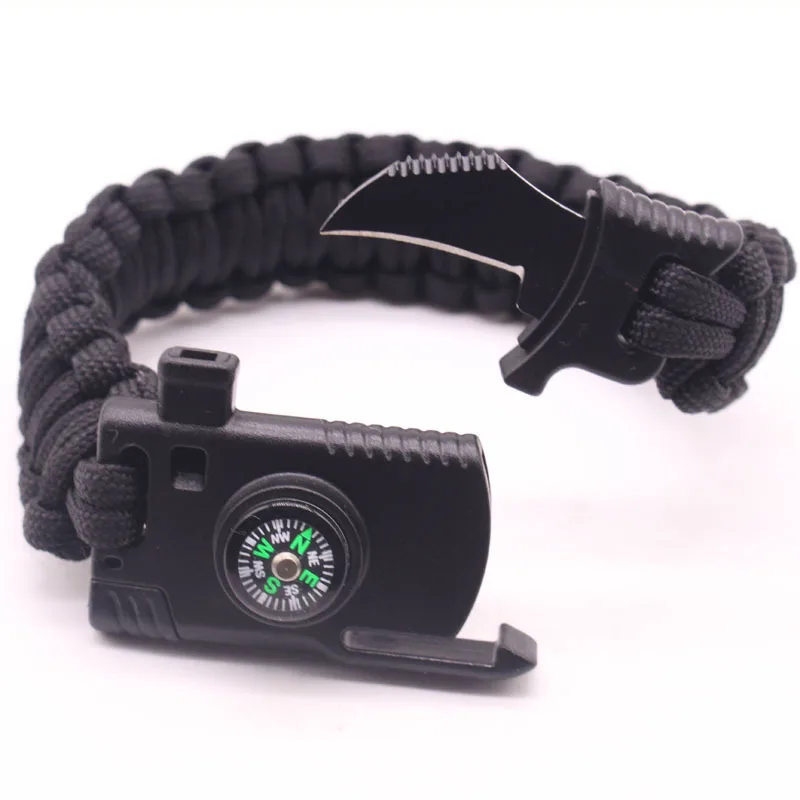 

Black Outdoor Survival Bracelet Men Women Braided Multi-function Camping Rescue Emergency Rope Bangles Compass Whistle Knife