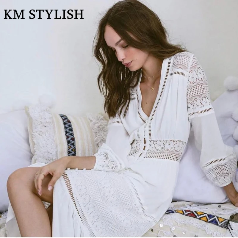 Кружевное пляжное платье с рукавом-фонариком лето 2018 | Женская одежда