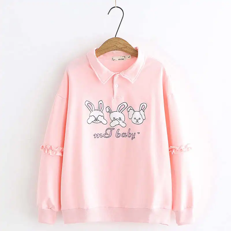 Kawaii Bunny женские толстовки Harajuku милый кролик пуловер с длинными рукавами Kpop 90s прекрасный розовый свитшот верхняя одежда белая одежда - Цвет: Розовый