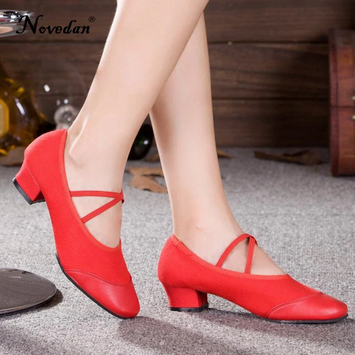 Танцевальная обувь для учителя парусиновые кожаные балетки на низком квадратном