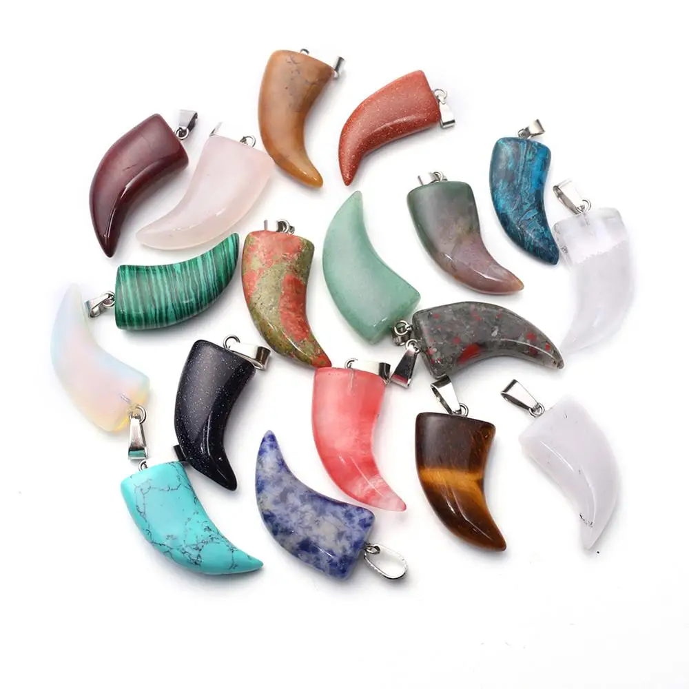 

12pcs Fashion Assorted Aquamarines Cheery Quartz Natural Stone Bull Horn Pendants Machete Charm Necklace for Jewelry Making Free