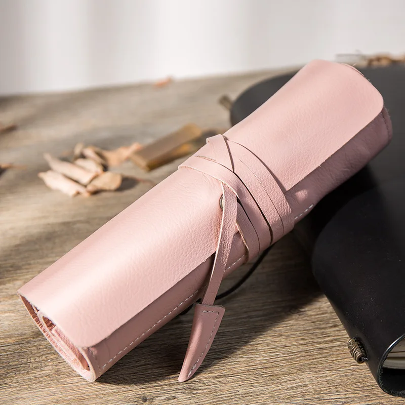 Sakura pink Сумка для ручек из натуральной кожи в стиле ретро, сумка для хранения, верхний слой, кожаная сумка для канцелярских принадлежностей, простой креативный чехол-карандаш для мальчика - Цвет: Sakura pink