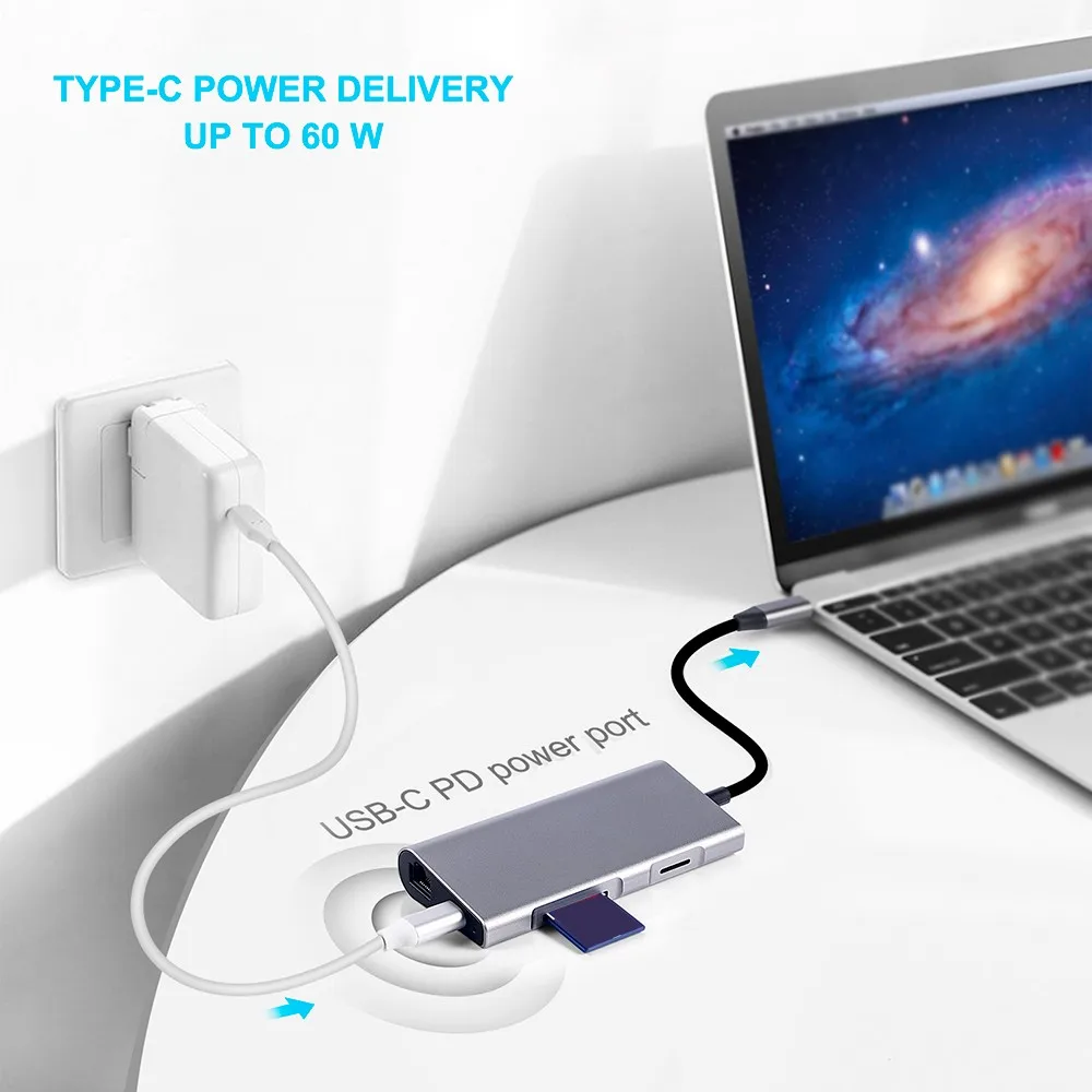 Адаптер usb Type C многопортовый адаптер HDMI выход Gigabit Ethernet SD/TF + Micro SD карты порты 3