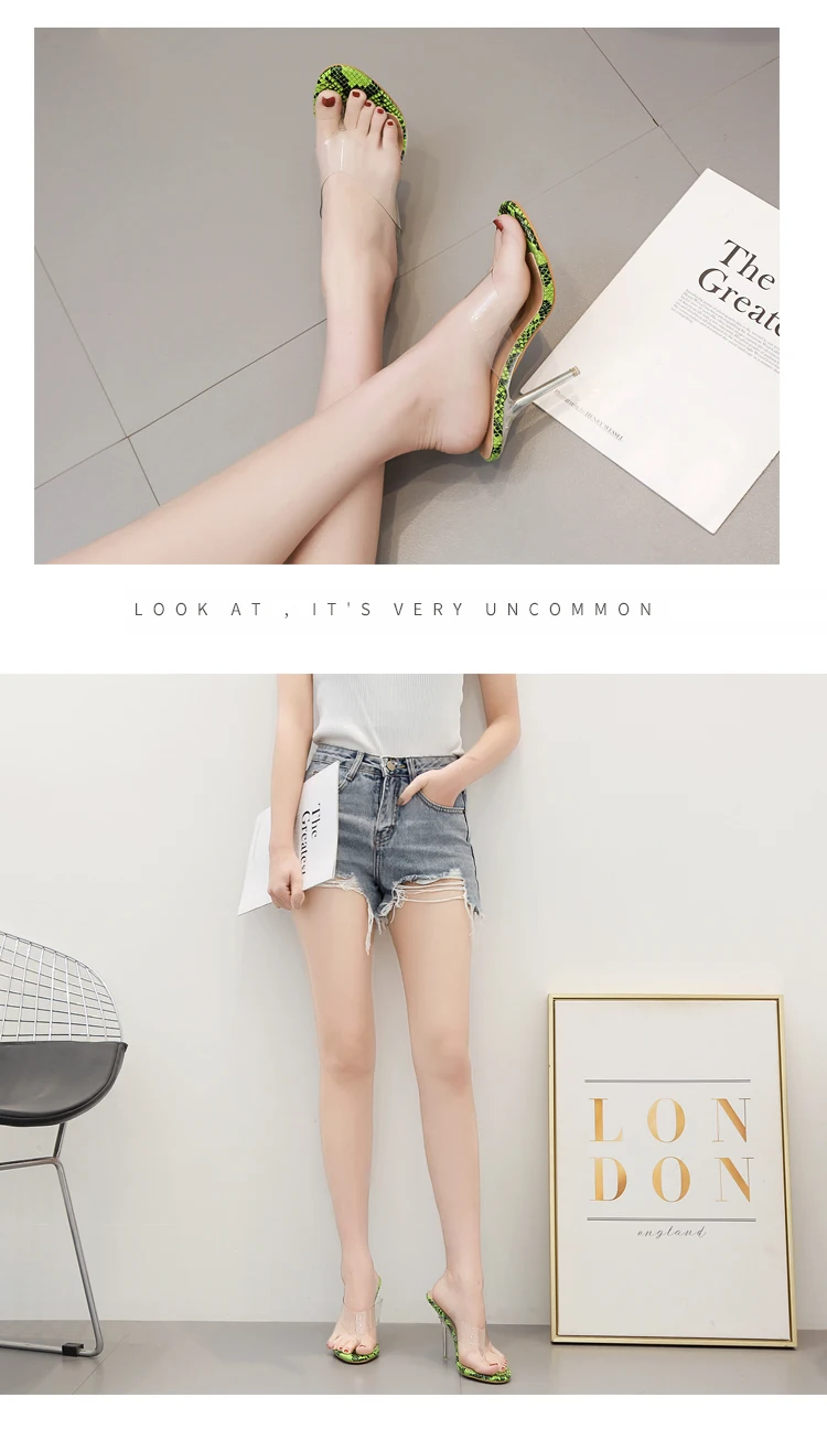 Lady Transparent Clear Block Heels Flip Flop Slippers Jelly Sexy Party Sandals Shoes Summer Women Crystal 11cm High Heels Mules