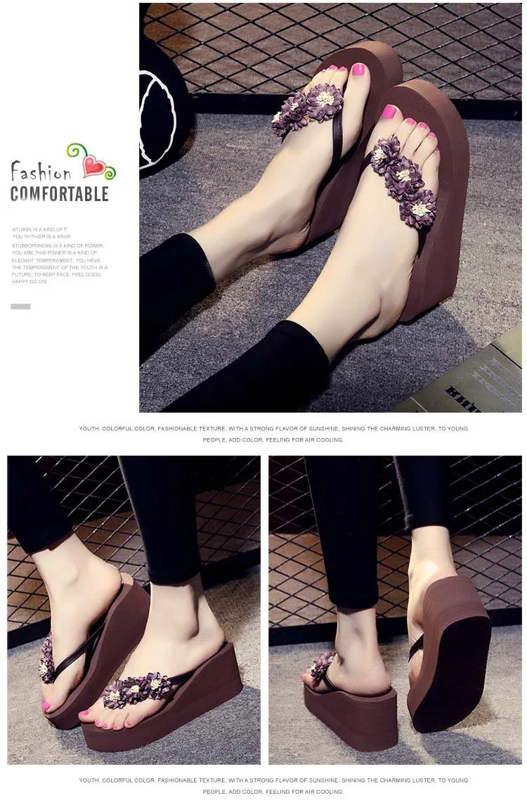 Chanclas de mujer/шлепанцы на платформе с цветами; женская летняя пляжная обувь; женские шлепанцы на танкетке и высоком каблуке; женские вьетнамки