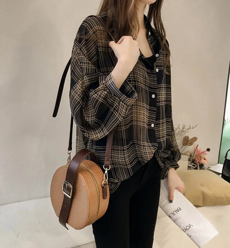 

Women Lantern Sleeve Button Plaid Printed Cotton High Quality Shirts Ladies Baggy Korean Style Chic Blouse Tops Plus Size M-4XL