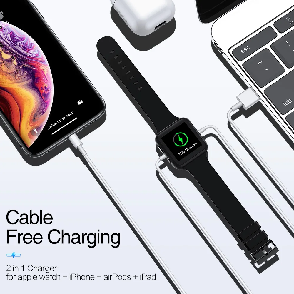 KISSCASE 2 в 1 беспроводной зарядный кабель для iPhone 7 8 Plus X XS MAX XR быстрой зарядки Apple iWatch