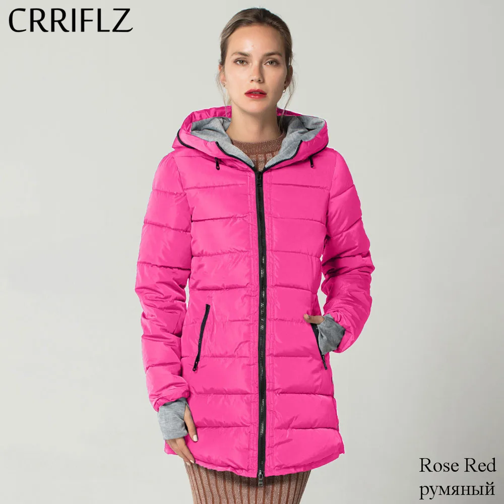 CRRIFLZ, новинка, женская зимняя куртка, верхняя одежда, тонкая, с хлопковой подкладкой, женские куртки, высокое качество, Женское пальто, длинная парка с капюшоном, повседневная - Цвет: Rose Red
