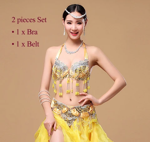 Gold 2pcs Set Новинка, Женская Одежда для танцев, профессиональная, 3 шт., наряд размера плюс, чашка C/D, бюстгальтер, пояс, юбка, длинные восточные бусы, костюм для танца живота - Цвет: Gold 2pcs Set