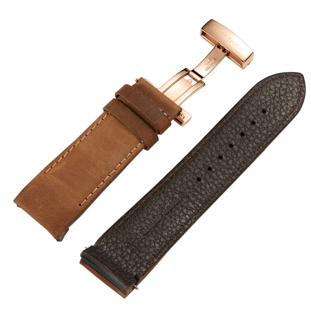 

Reef Tiger/RT Fashion Sport Watches for Men Green Skeleton Luminous Quartz Watches Brown Leather Strap Relogio Masculino RGA782