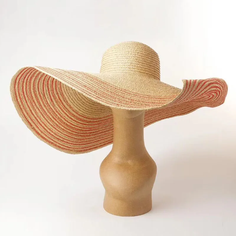 Women Natural 25cm OVERSIZED Floppy Raffia Hat Beige Red Navy Striped Giant Straw Hat Big Wide Brim Hat Summer Sun Beach Hat Cap