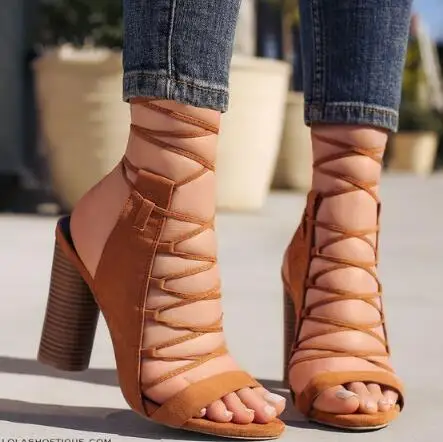 spesifikasi Carpaton Musim Panas Seksi Baru Warna Solid Suede Tali Silang Super Tinggi Tumit Sandal Fashion Tebal Heel Sepatu Wanita Sepatu Coklat