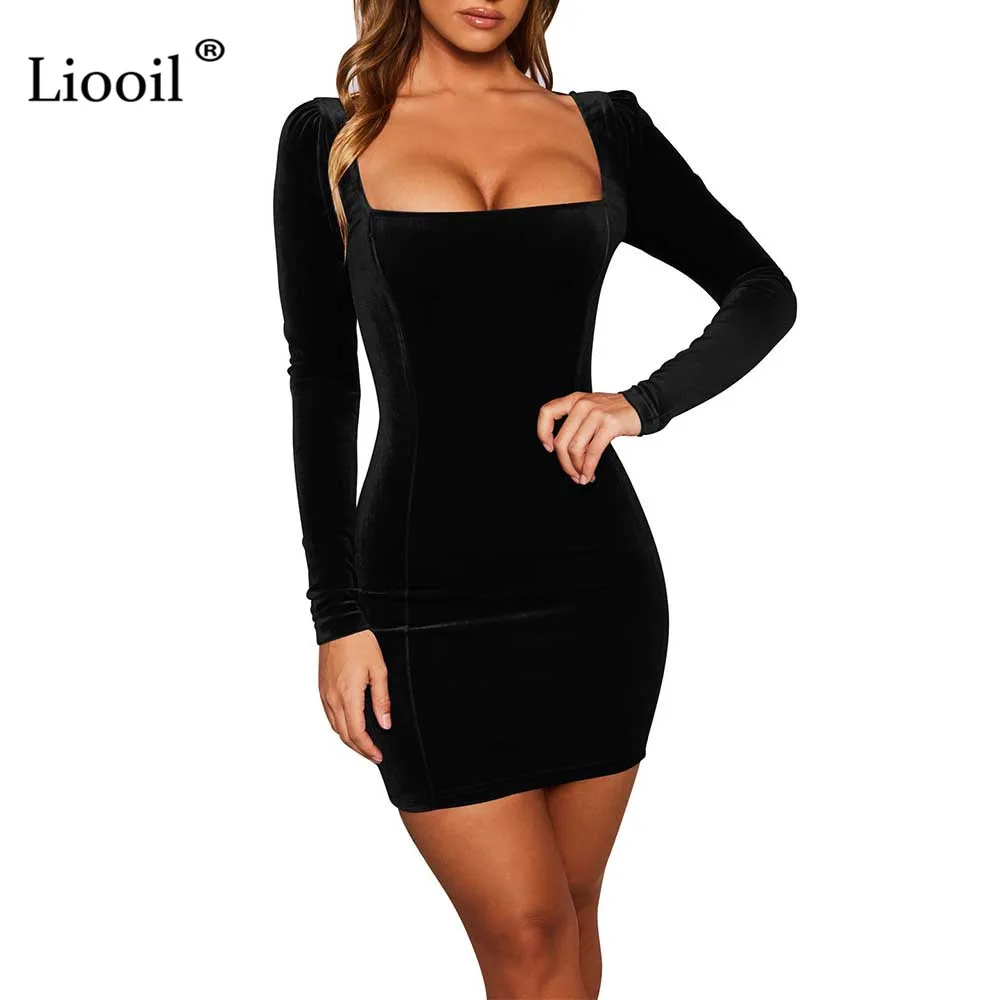 Liooil, сексуальное, черное, синее, бархатное мини платье, женская одежда,, высокая талия, облегающее платье, длинный рукав, квадратный воротник, платья для вечеринок