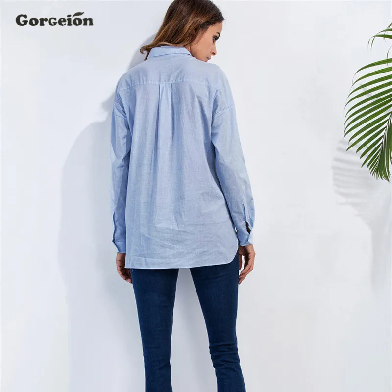 Gorgeion Полосатый Женщины Блузка Повседневная отложным Воротником С Длинным