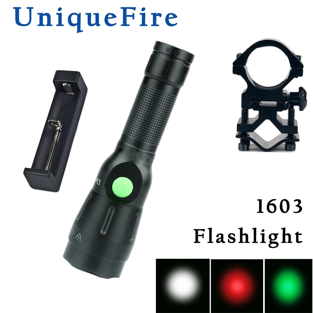 

UniqueFire 1603 38mm Lens XRE Portable LED Flashlight Zoomable Lanterna Torch Lighting 4 Modes Torch & Scope Mount & Charger