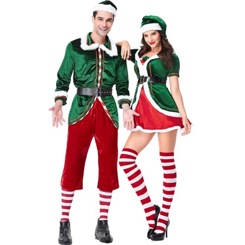 

Deluxe Women Men Green Lovers Christmas Elf Costume Halloween Adult Cosplay Clothing