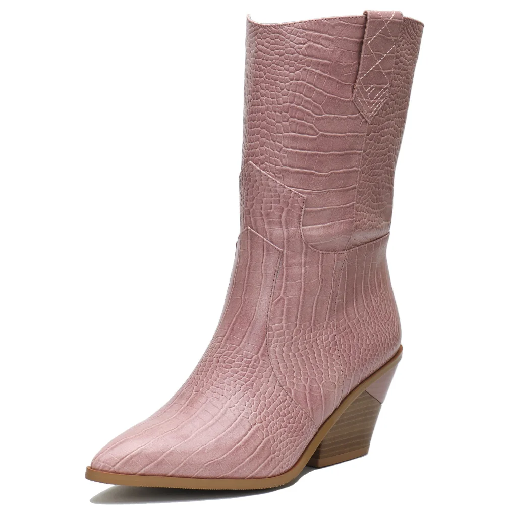pink no fur Doratasia/осень-зима, большие размеры 33-46, удобные сапоги до середины икры на массивном каблуке, женская обувь, ковбойские сапоги без шнуровки, женская обувь - Цвет: pink no fur