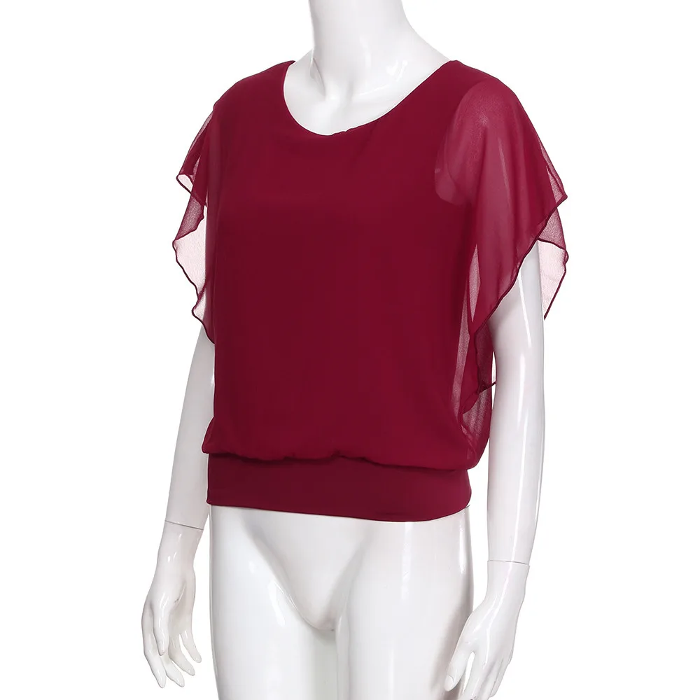 Женская блузка больших размеров, Blusas elegantes de mujer, однотонные повседневные свободные Модные топы из тонкой плотной ткани с круглым вырезом и короткими рукавами «летучая мышь», L* 5