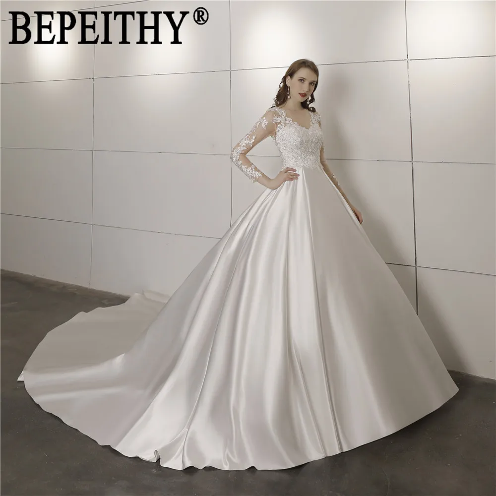 BEPEITHY Новое поступление vestido de noiva Аппликация из бисера v-образный вырез атласное с длинными рукавами простое дешевое свадебное платье