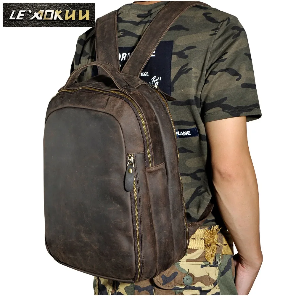 Men Real Leather Fashion Travel Bag University School Book Bag Cowhide Design Male Backpack Daypack Student Bag 621-d