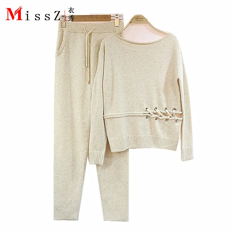 Женский кашемировый костюм из шерсти вязаный свитер с круглым воротником +