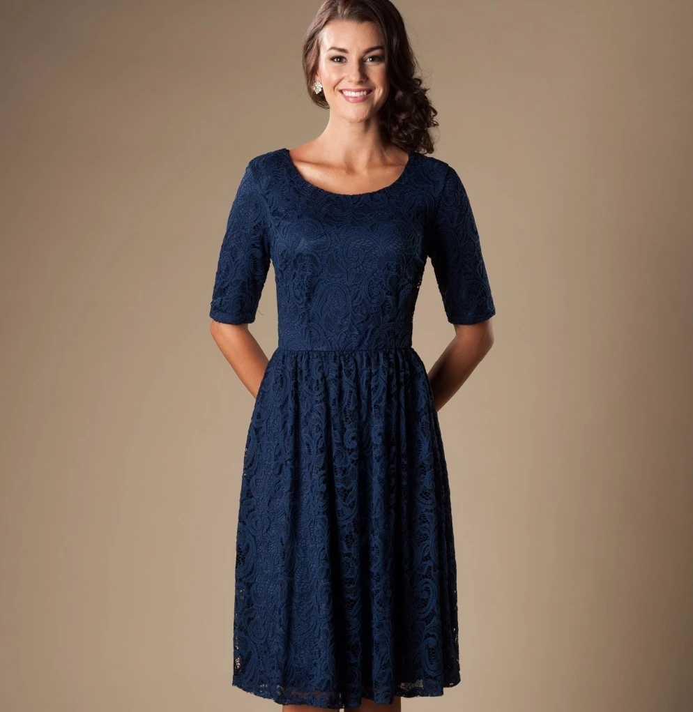 2019 Темно синие кружевные Короткие Скромные платья для подружки невесты платье с