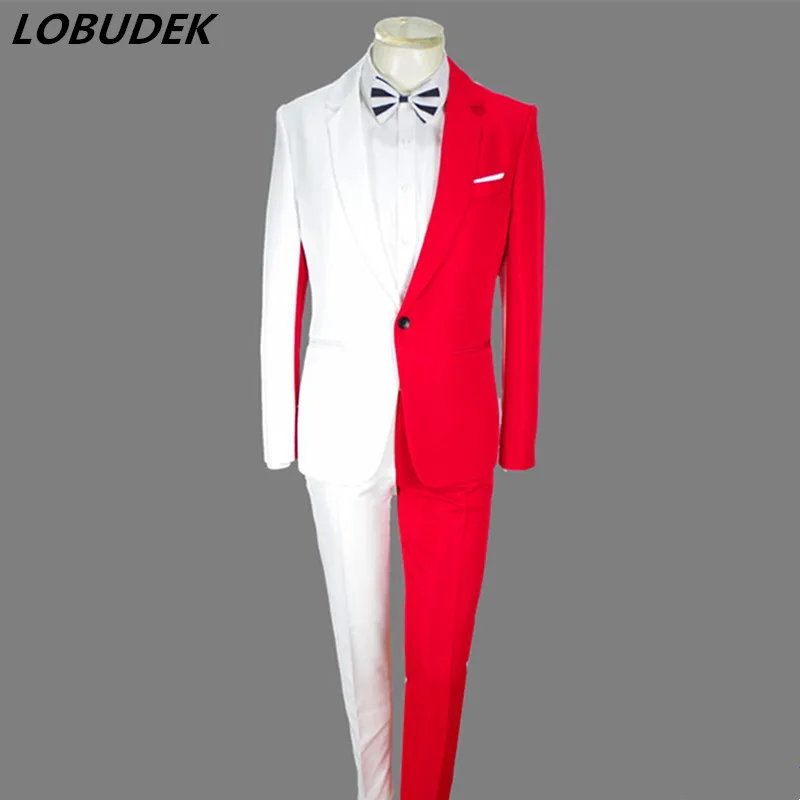 2019 Red White Splicing Men's Suits Jacket Trousers 2 Pieces Set Nightclub Magician Clown Performance Costume Host Stage Outfit