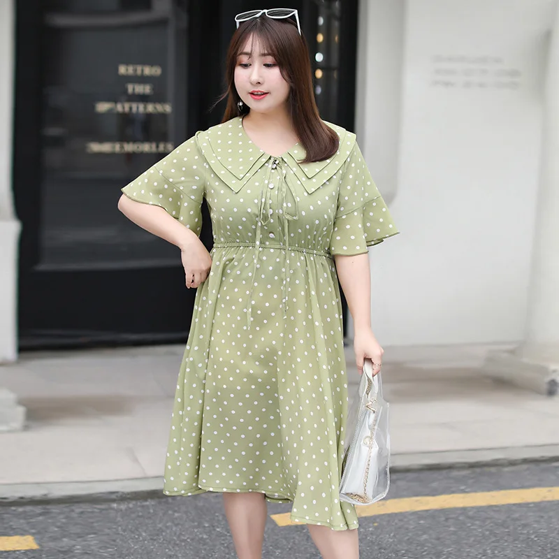 XL-4XL 2019 Summer Large size Women Dress Casual Polka Dot Plus Ruffles Peter Pan Collar Elegant Office Lady Vestidos | Женская одежда