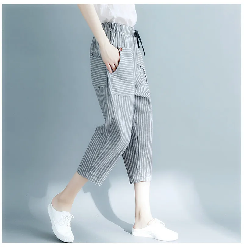 BJY 2019 new women's summer striped color matching nine pants casual loose fashion high waist elastic band XL harem | Женская одежда