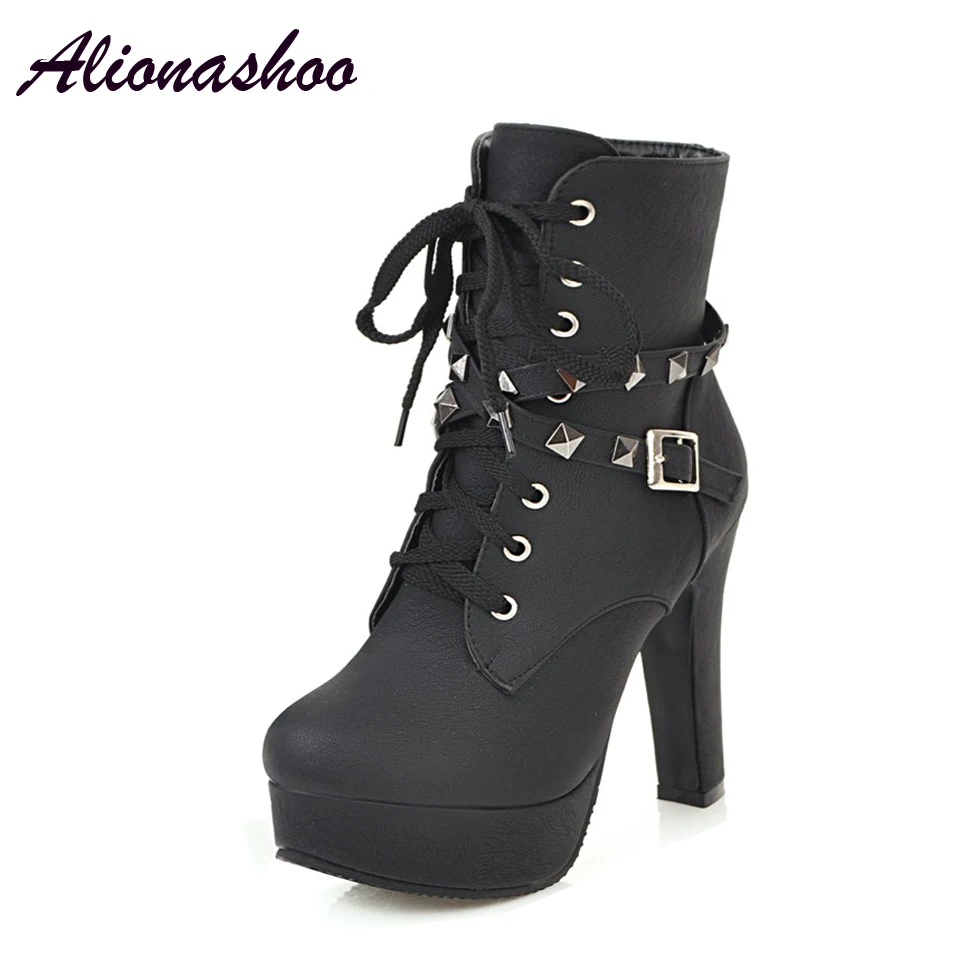 Alionashoo Plus Size 49 50 Woman High Heels Ankle Boots Female Lace up Platform Sexy Part Dress Pump Women Fashion Buckle Rivets | Обувь