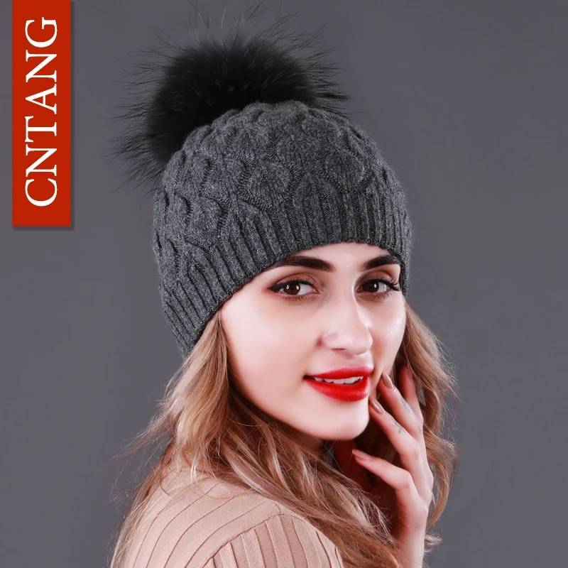 CNTANG Double layer Thick Wool Knitted Hats For Women Natural Raccoon Fur With Pompom Caps Winter Warm Ladies Fashion Beanies