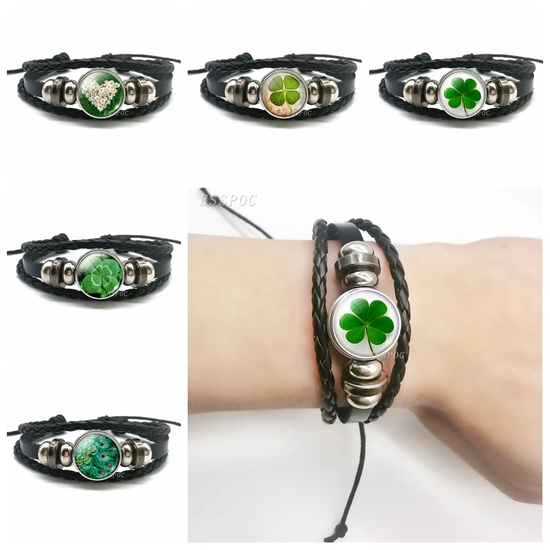 Lucky Fashion Clover Shamrock стеклянный кабошон кнопки многослойный кожаный браслет ручная