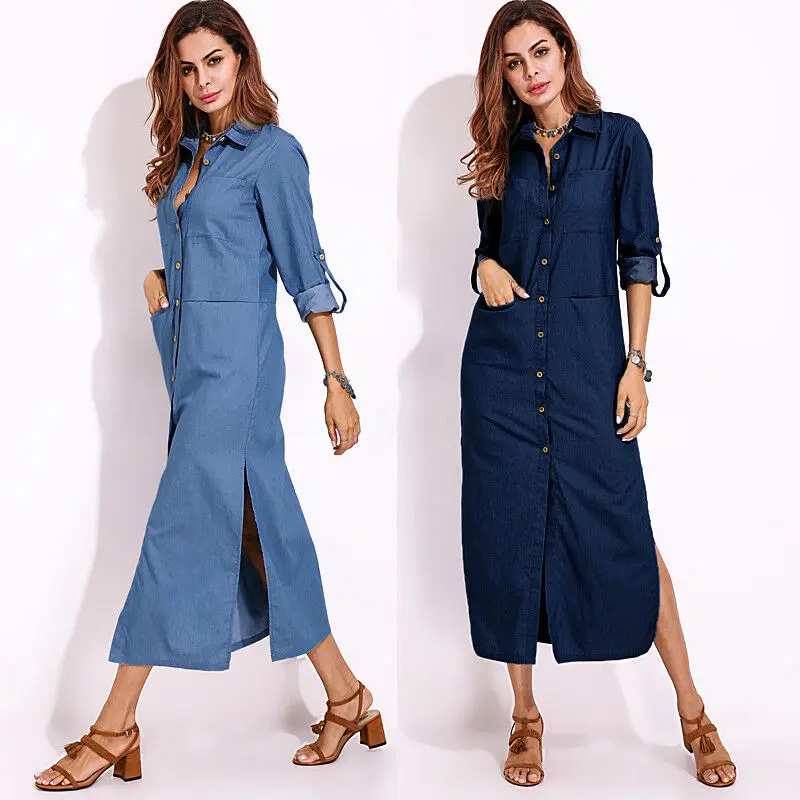 

Women 100% Cotton Long Sleeve Denim Blue Buttons Plus Size Long Shirt Dress