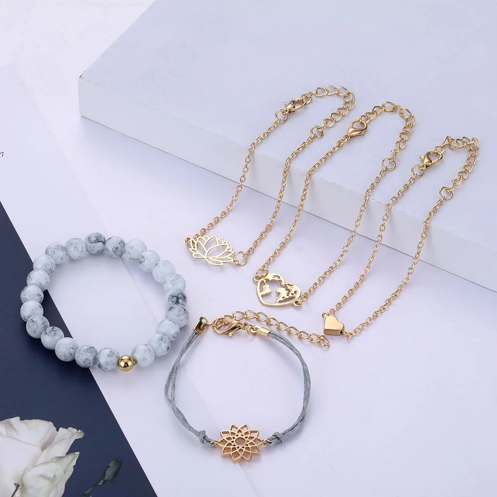 5 шт./компл. винтажный браслет в стиле бохо с изображением сердца карты лотоса