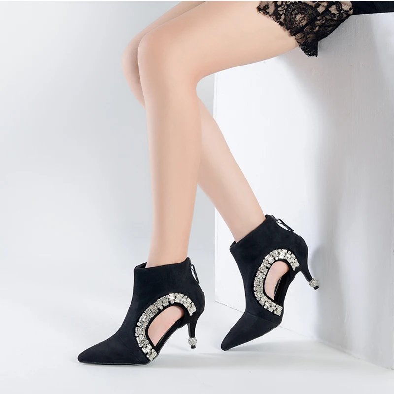Hot Selling Black Suede Leather Pointed Toe Back Zipper Sandals Bling Crystal Embellished Hollow Out Shoes High Thin Heels