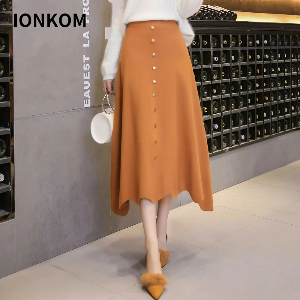 IONKOM Elegant Office Ladies High Elastic Waist Skirt Button Fly Irregular Hem Autumn Skirts Womens A Line Knitted Midi | Женская одежда