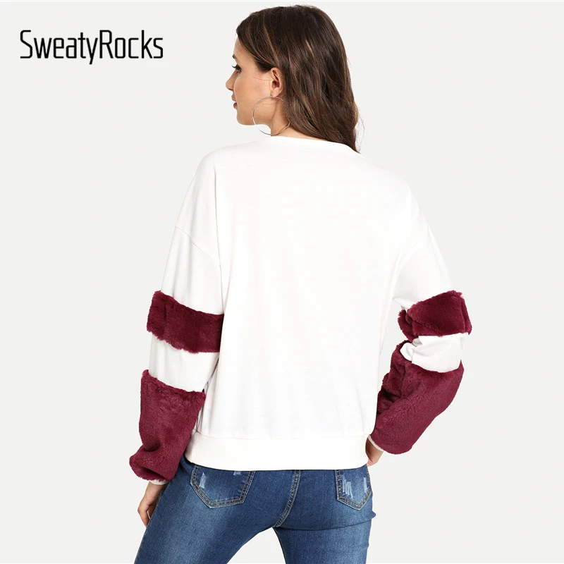 Свитер SweatyRocks, белый, Повседневный, искусственный мех, украшенный буквами, толстовка с длинным рукавом, пуловеры, новинка, Осенние, для отдыха, женские толстовки