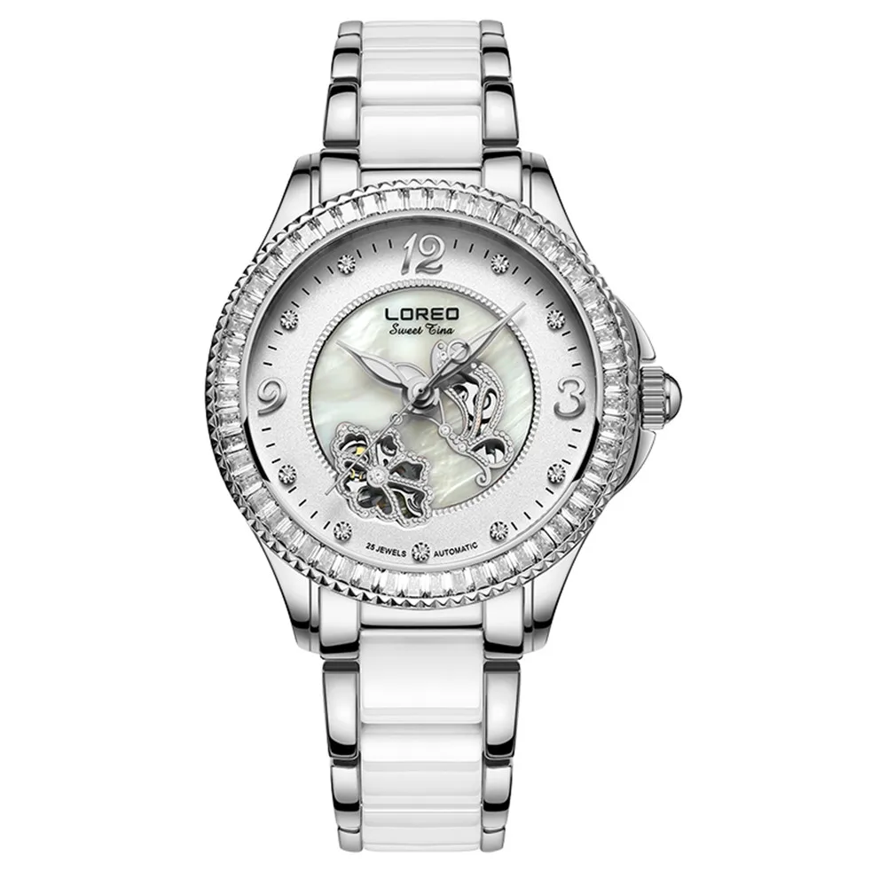 Ceramic Silver Женские Механические часы со скелетом и сапфировым кристаллом от роскошного бренда LOREO, женские автоматические механические часы, женские часы с бриллиантами - Цвет: Ceramic Silver