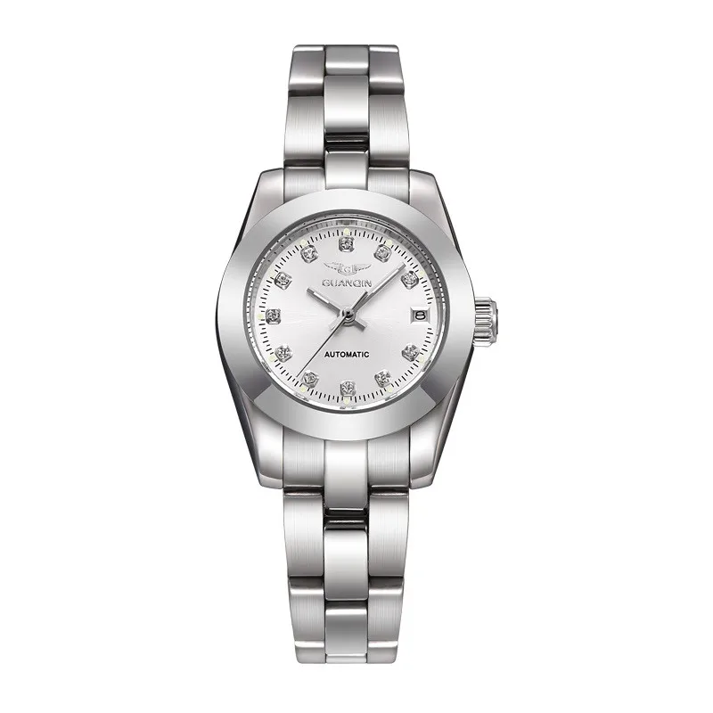 Silver White GUANQIN, автоматические часы для женщин, водонепроницаемые, бриллиантовые, женские механические часы, брендовые роскошные часы для девушек, бриллиантовые часы - Цвет: Silver White