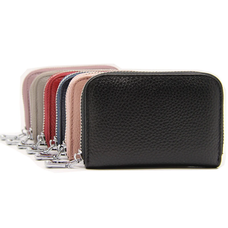 

BONAMIE New Women Credit Card Holder Genuine Cow Leather Card Wallet RFID Blocking Female Business Card Holder Red Black Pink