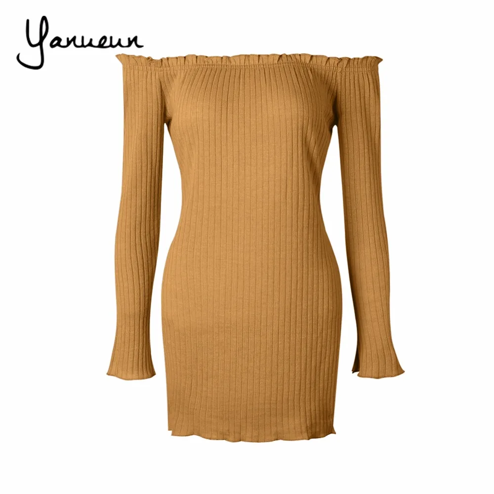 Yanueun Сексуальная с плеча клуб Женское платье Тонкий Bodycon осень зима трикотажные