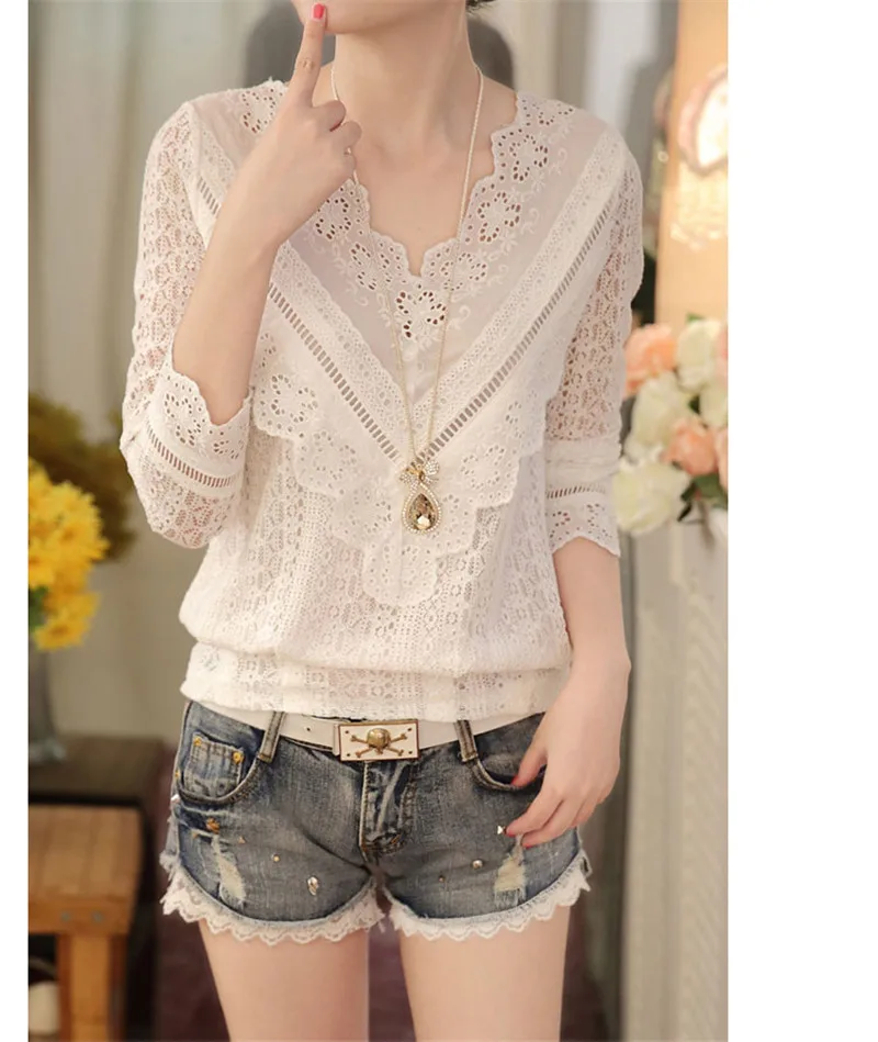Женская кружевная блузка с V образным вырезом и длинным рукавом|female shirts|korean women
