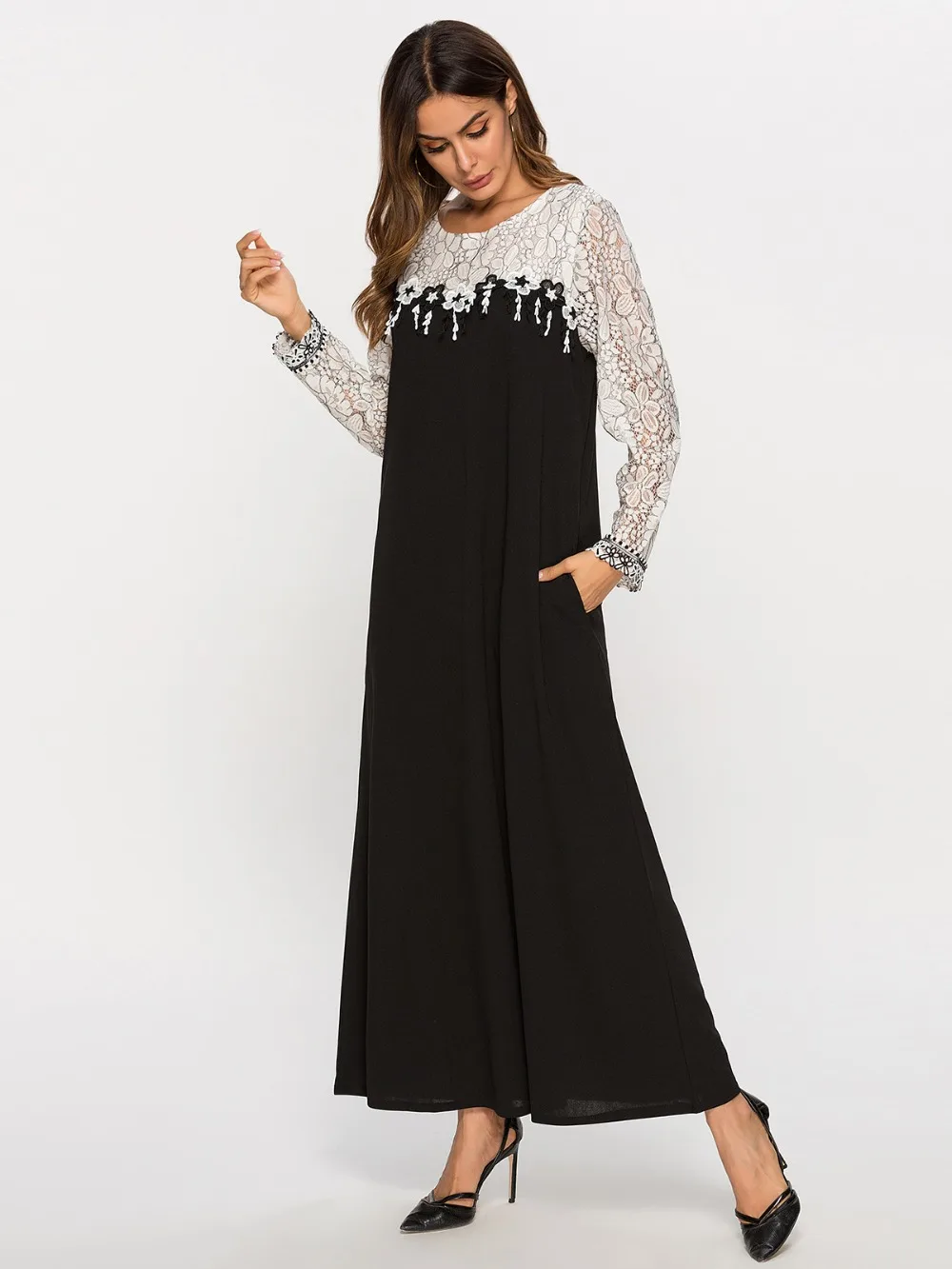 Элегантные кружевные мусульманское платье макси abaya полная длина свободное кимоно длинные халаты Рамадан Ближний Восток арабские Исламская, молитвенная одежда