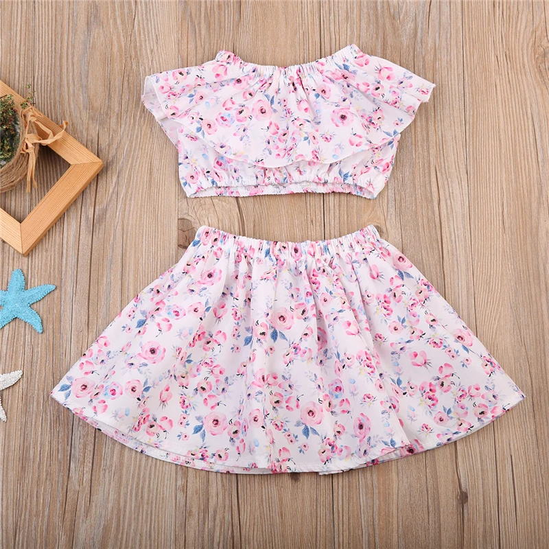 Розничная продажа 2017 г. новый комплект летней одежды для девочек кроп топ + юбка