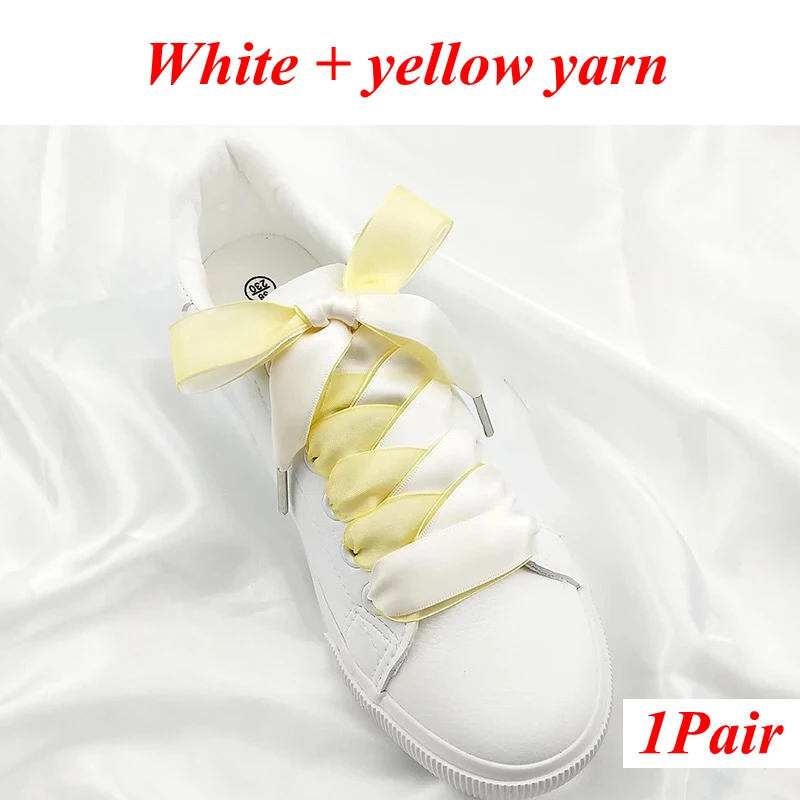 White yellow 1 пара, ширина 2 см, двухсторонние шнурки для снега, атласные, шелковые, ленточные шнурки, женские модные шнурки для кроссовок, шнурки для обуви 80/100/120 см - Цвет: White yellow