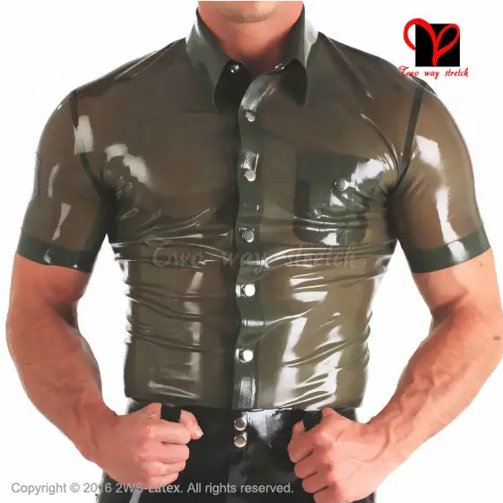 

Militay Latex uniform button turn down collar pocket Tee shirt Rubber Top Gummi blouse clothing clothes Transparent green SY-025
